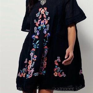 Free People Perfectly Victorian Black Mini Dress Floral Embroidery Crochet Trim